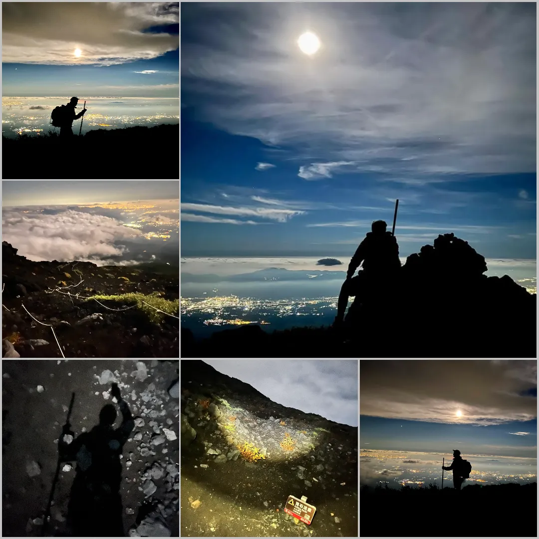 Night climb under full moon with headlamp beam