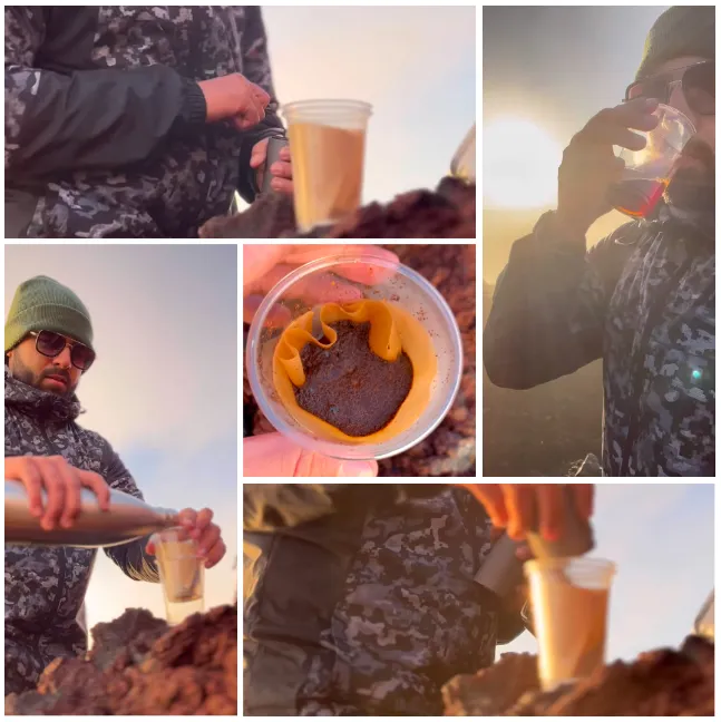 Summit drip coffee preparation after sunrise
